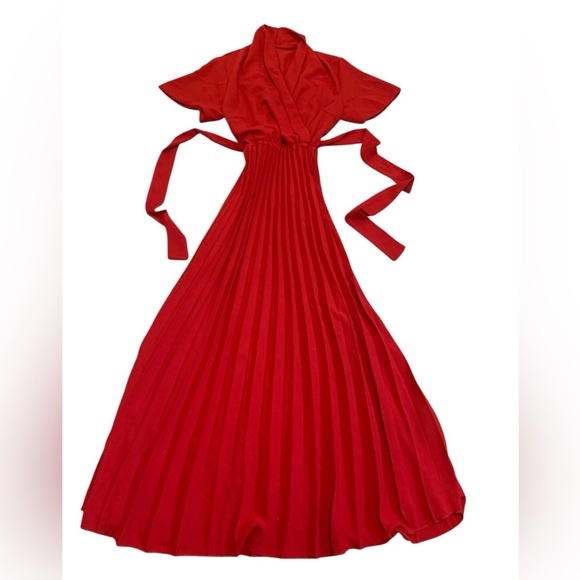 Vintage Made in Italy Red Pleated Maxi Dress Wrap V-Neck Wide Sleeves Tie Waist - Picture 1 of 7